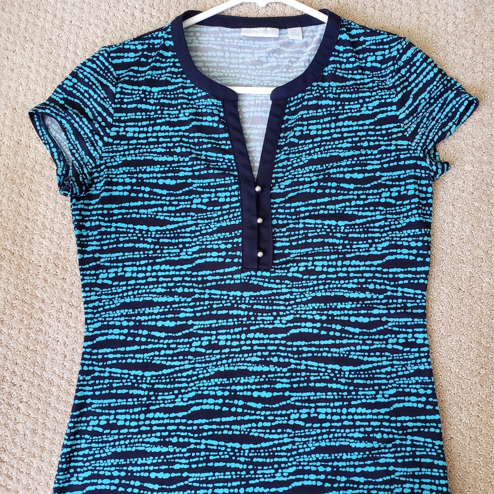 Navy & turquoise patterned short sleeve top